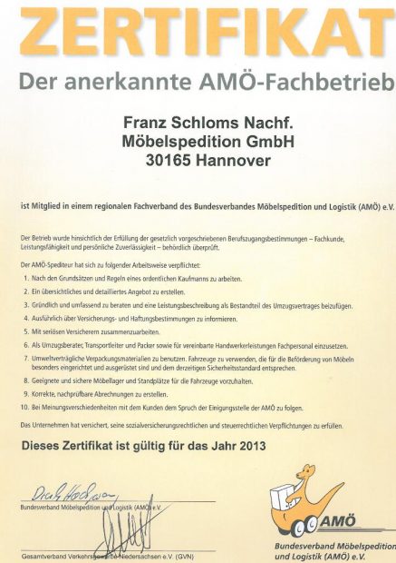 Amö Zertifikat Fa. Schloms Hannover