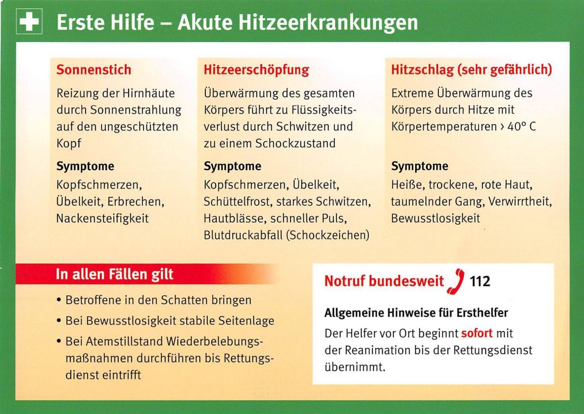 Erste Hilfe bei Sonnenstich, Hitzschlag, Hitzeerschöpfung