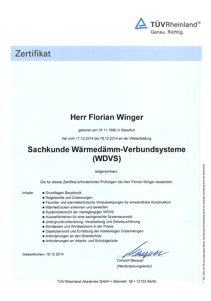 TÜV Zertifikat Wärmedämmung Hannover