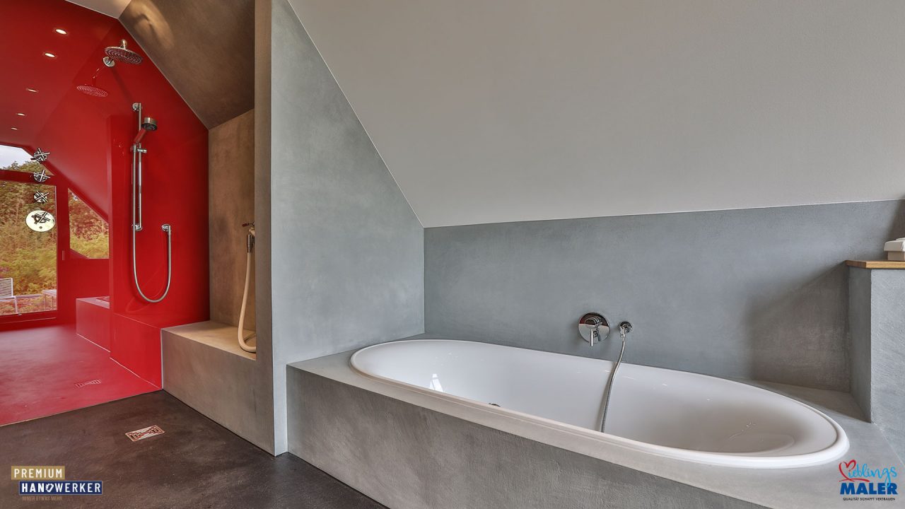 Premiumhandwerker Redesign Interiordesign Finearchitecture Spachteltechnik Fugenlos Farrowandball Frescolori Malerarbeiten Bad Duschwand 01