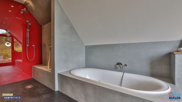 Premiumhandwerker Redesign Interiordesign Finearchitecture Spachteltechnik Fugenlos Farrowandball Frescolori Malerarbeiten Bad Duschwand 01