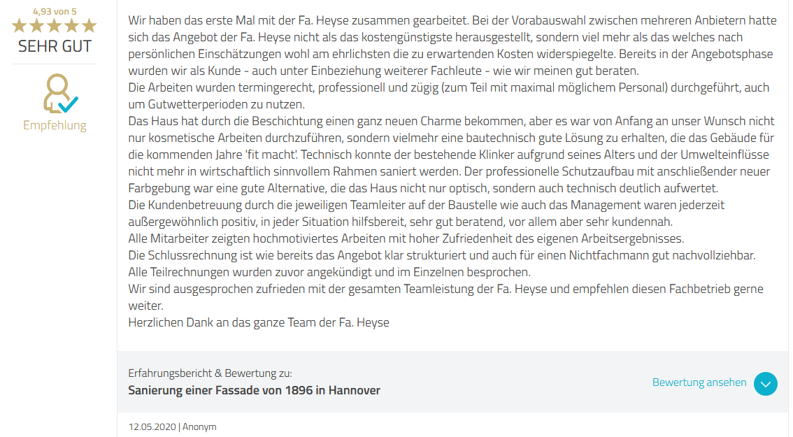 Screenshot 2020 05 12 Bewertungsprofil von Malerfachbetrieb HEYSE GmbH Co KG ProvenExpert com