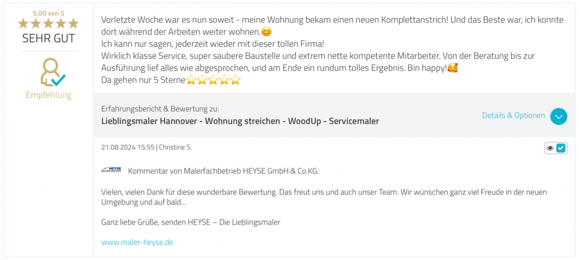 Kundenbewertung Wohnung streichen Hannover - Malerarbeiten Hannover